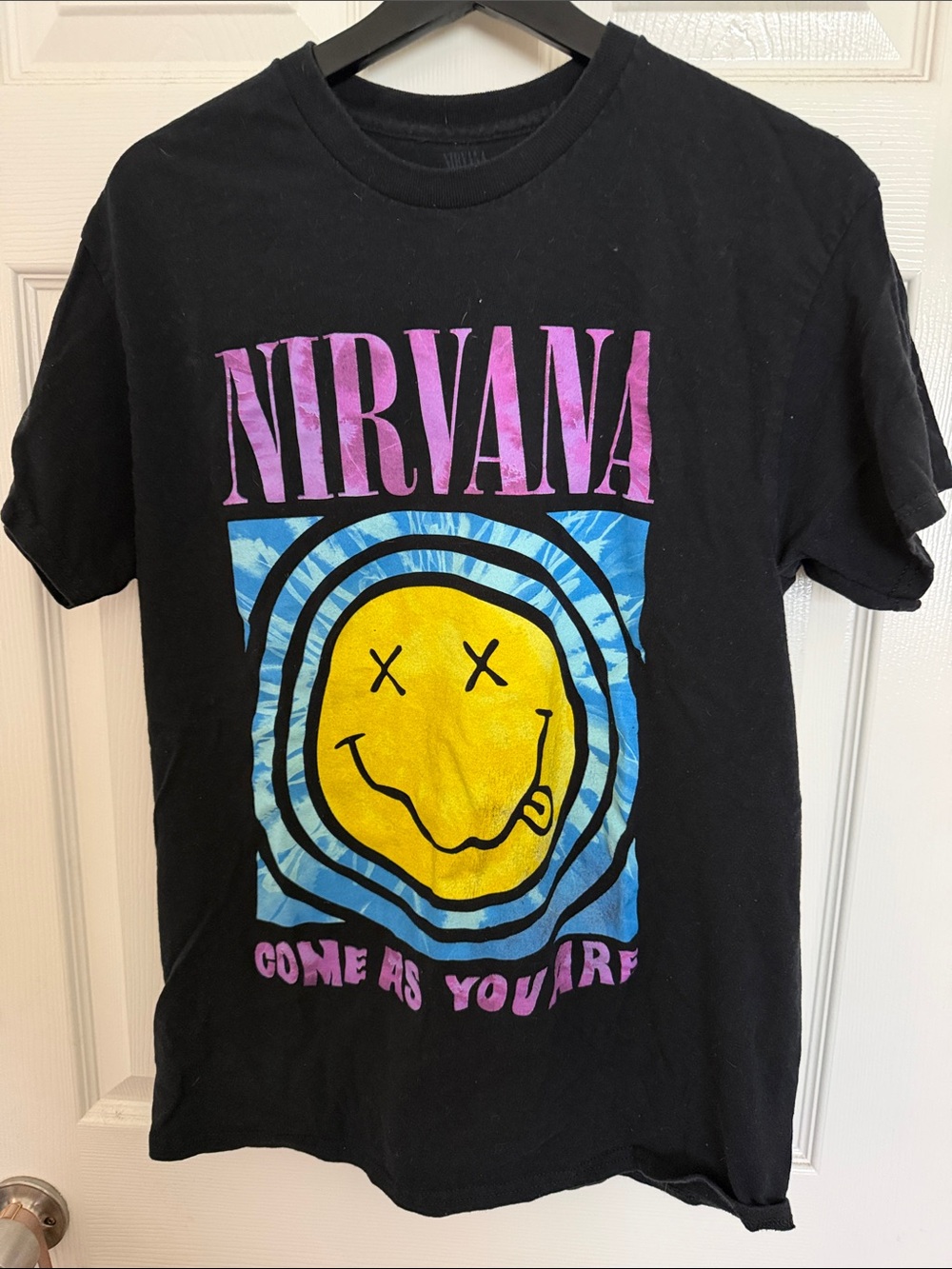 NIRVANA Black Tee with Yellow Smiley and Pink Logo